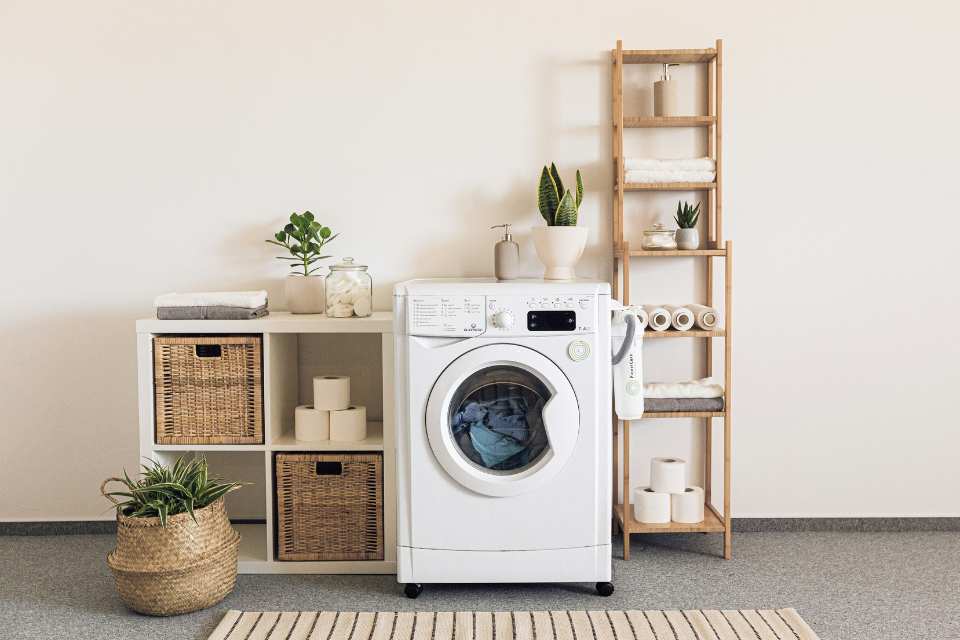 industrial chic laundry room with concrete flooring